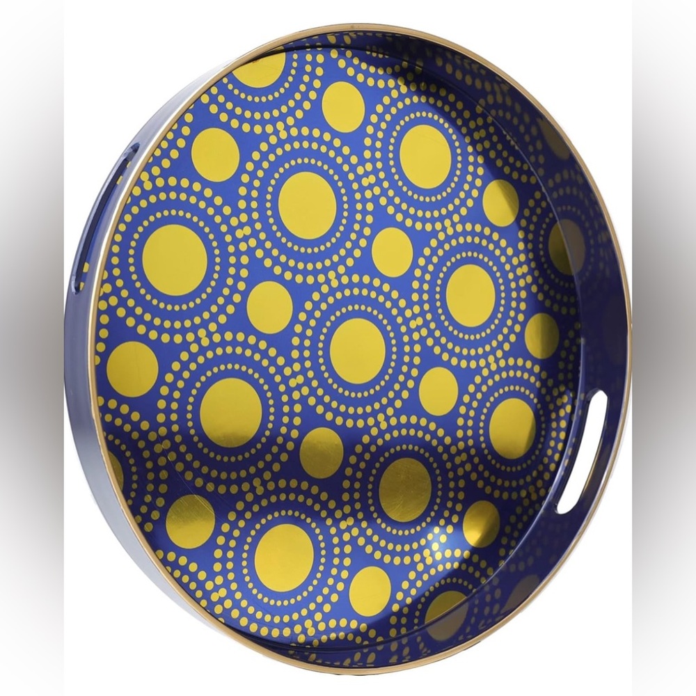 Blue & Gold Round Serving Tray with Handles, 13" Decorative Ottoman Coffee Table
